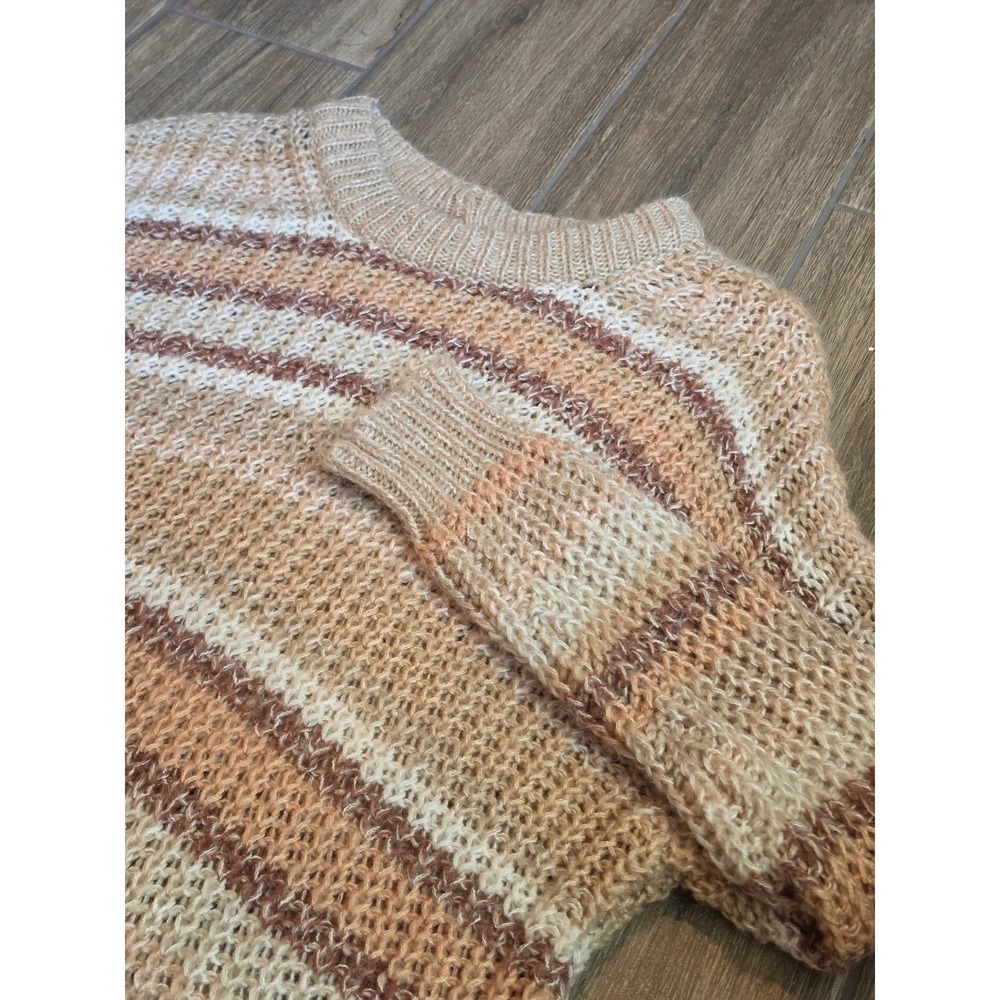 American Eagle Womens Striped Open Knit Crewneck Sweater Tan Brown Small
